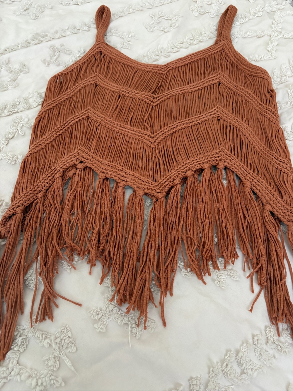 Copper Rust Tank Top Hand Woven Fringe Hem Crochet Zig Zag Weave and Hem Sz M - Picture 6 of 8